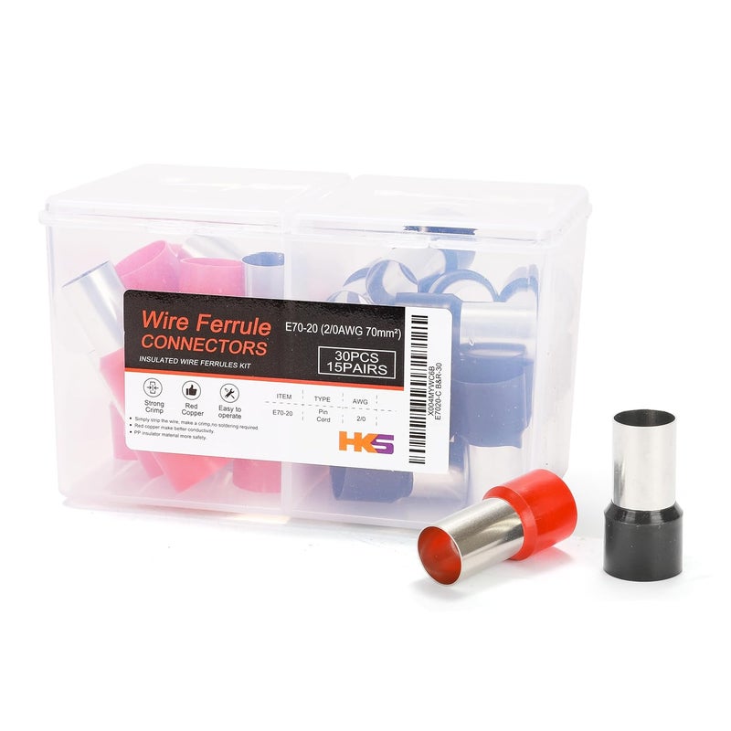 HK-S 30PCS/15Pairs Wire Ferrules Connectors Black & Red - AWG2/0-70.0mm² Copper Barrel Pin Cord Ends Insulated Ferrule Terminals for Wiring Electrical Crimp E70-20 - Image 1